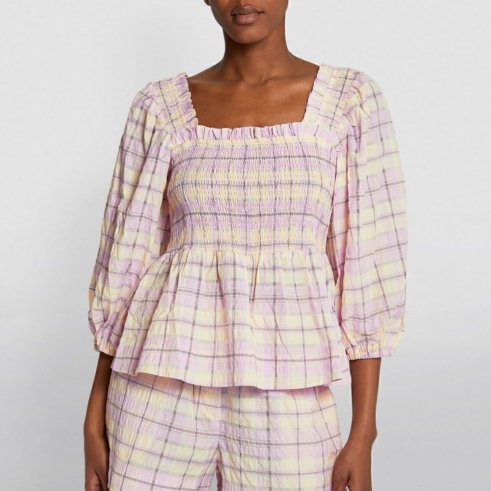 Ganni Seersucker Smocked Check Plaid Square Neck Poplin Top Size 38